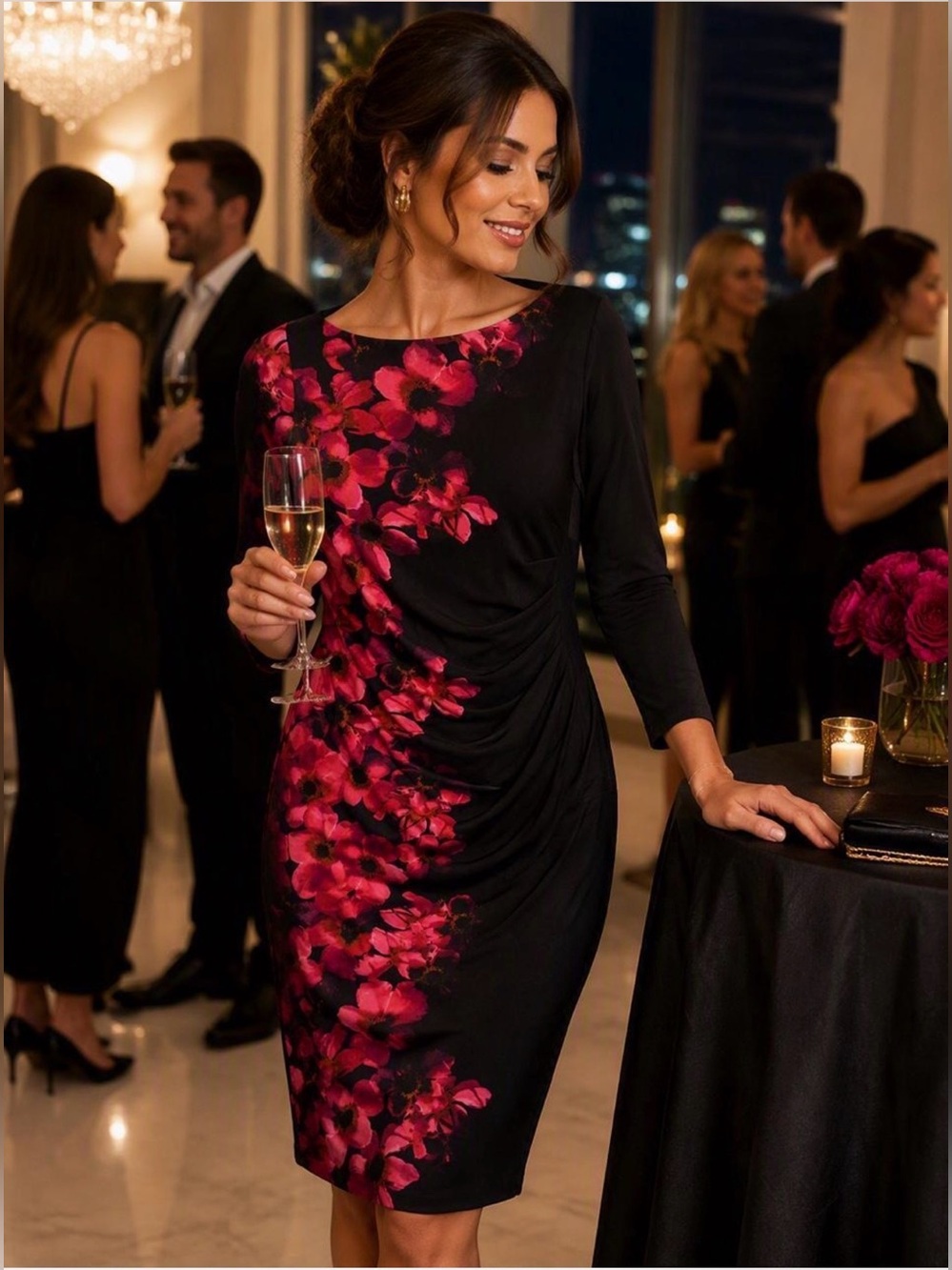 Lauren Ralph Lauren Black & Pink Floral 3/4 Sleeve Ruched Sheath Dress Size 14
